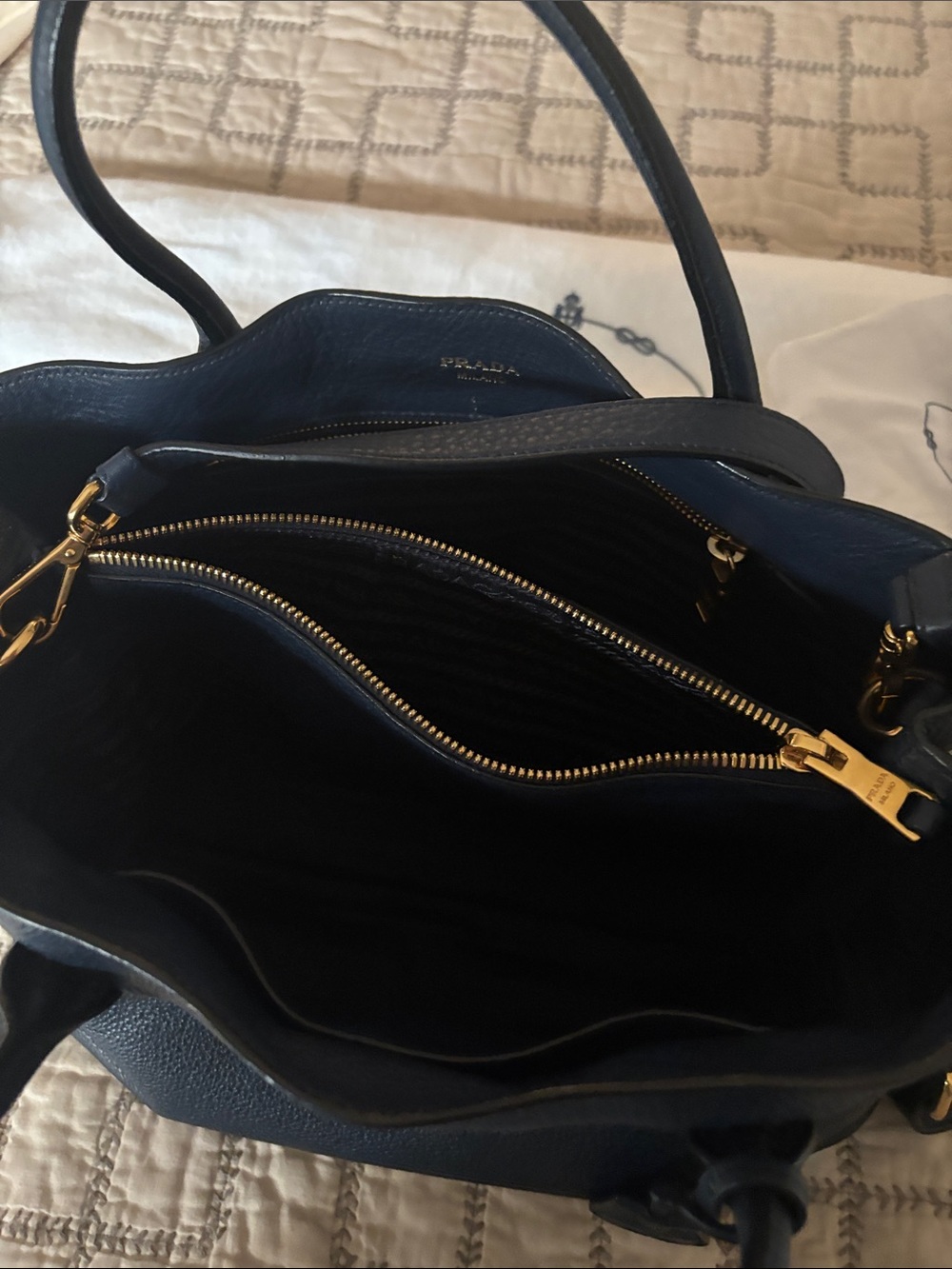 Prada Navy Leather Tote with Gold Logo Detail - Picture 2 of 10